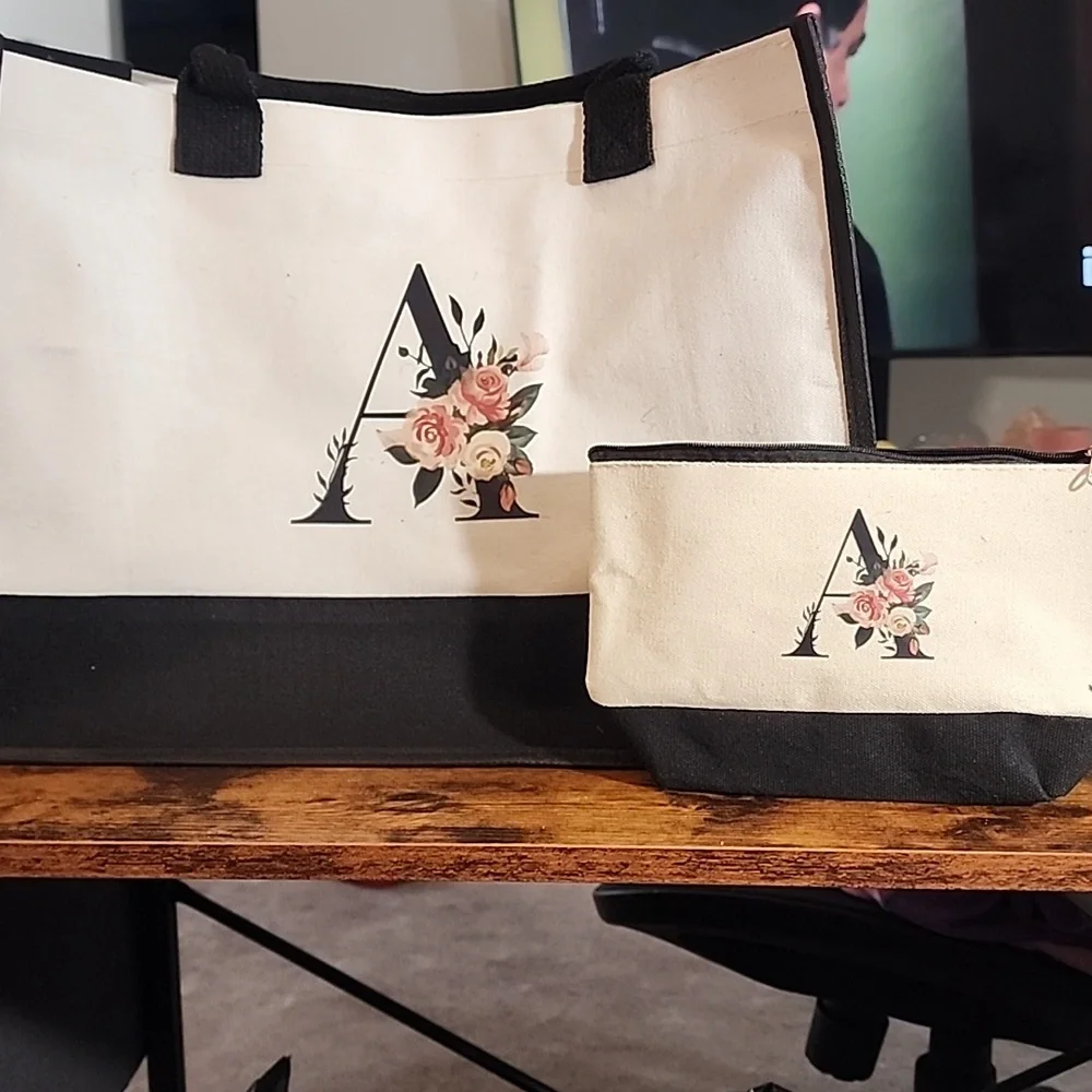 Personalized Totes Black and Cream Floral Letter Tote Set FIRM PRICE